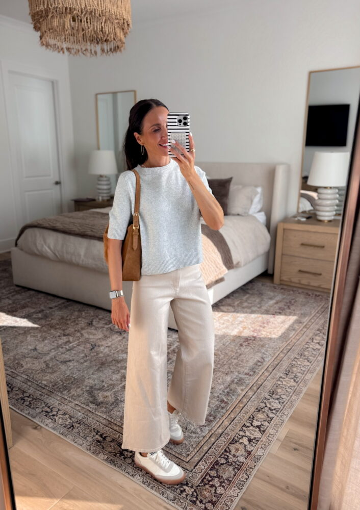 wide leg jeans, high waisted jeans, tie waist jeans, light wash denim, casual outfit, classic white tank top, sleeveless top, neutral cardigan, sweater over shoulders, everyday style, casual chic outfit, Walmart fashion find, affordable denim, stylish mom outfit, tall girl approved jeans, cozy bedroom mirror selfie, neutral home decor, modern bedroom aesthetic, layered casual look, minimal jewelry, smart watch accessory, casual weekend outfit, versatile jeans outfit, effortless style, fashion blogger outfit