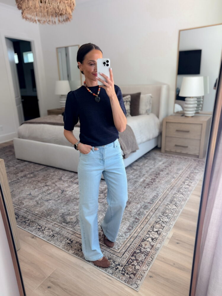 wide leg jeans, high waisted jeans, tie waist jeans, light wash denim, casual outfit, classic white tank top, sleeveless top, neutral cardigan, sweater over shoulders, everyday style, casual chic outfit, Walmart fashion find, affordable denim, stylish mom outfit, tall girl approved jeans, cozy bedroom mirror selfie, neutral home decor, modern bedroom aesthetic, layered casual look, minimal jewelry, smart watch accessory, casual weekend outfit, versatile jeans outfit, effortless style, fashion blogger outfit