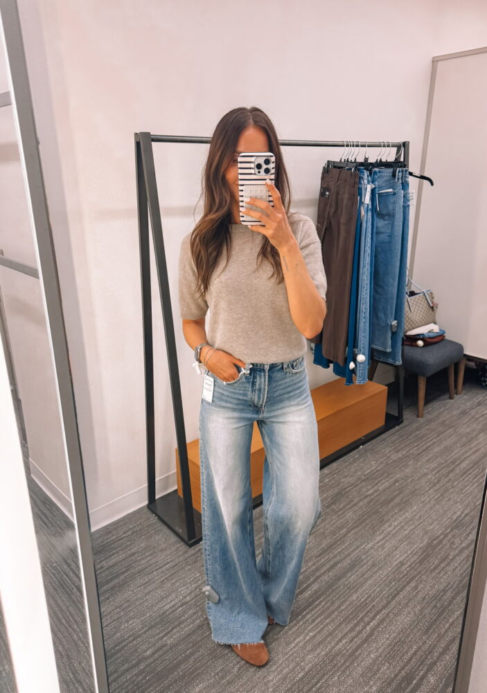 wide leg jeans, high waisted jeans, tie waist jeans, light wash denim, casual outfit, classic white tank top, sleeveless top, neutral cardigan, sweater over shoulders, everyday style, casual chic outfit, Walmart fashion find, affordable denim, stylish mom outfit, tall girl approved jeans, cozy bedroom mirror selfie, neutral home decor, modern bedroom aesthetic, layered casual look, minimal jewelry, smart watch accessory, casual weekend outfit, versatile jeans outfit, effortless style, fashion blogger outfit
