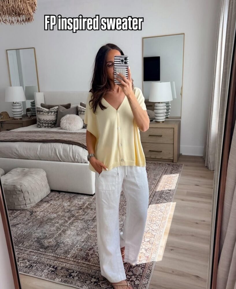 Free People inspired yellow button-front sweater styled with wide-leg white pants, a versatile women’s workwear look for casual office outfits.