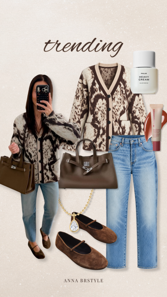 Trending fall fashion finds featuring a printed cardigan, straight leg jeans, brown Mary Jane flats, structured handbag, and beauty favorites.