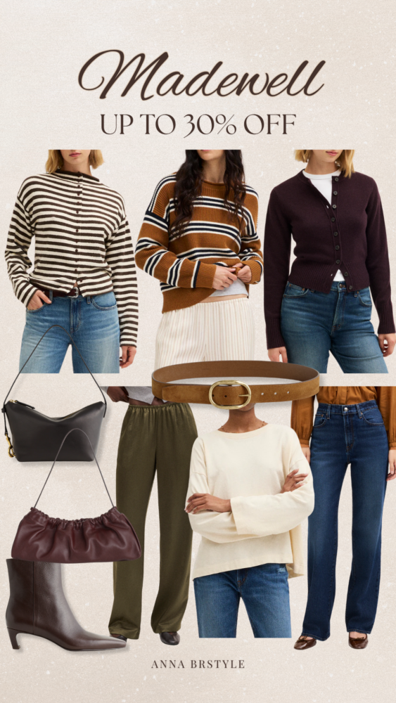 Madewell fall fashion sale finds featuring striped sweaters, cardigans, wide leg jeans, ankle boots, handbags, and casual fall outfit ideas.