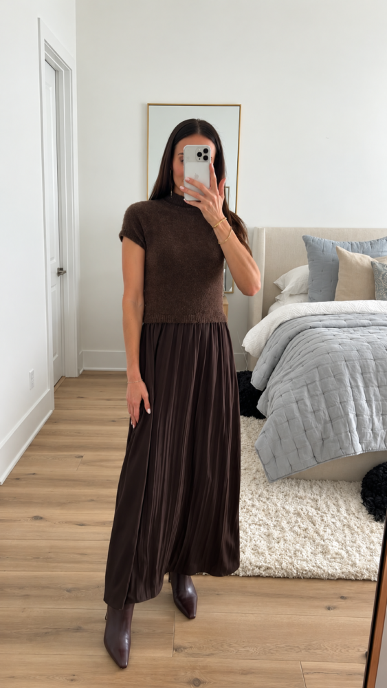 Chocolate brown sweater and satin maxi skirt outfit styled with pointed toe ankle boots for Thanksgiving dinner or holiday gatherings.