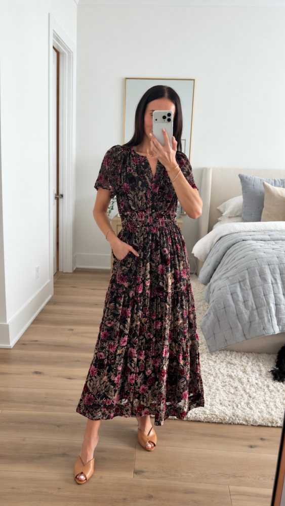 Women's dark floral print maxi dress with short puff sleeves, a cinched waist, and tan heels for a dressy Thanksgiving or Christmas outfit.